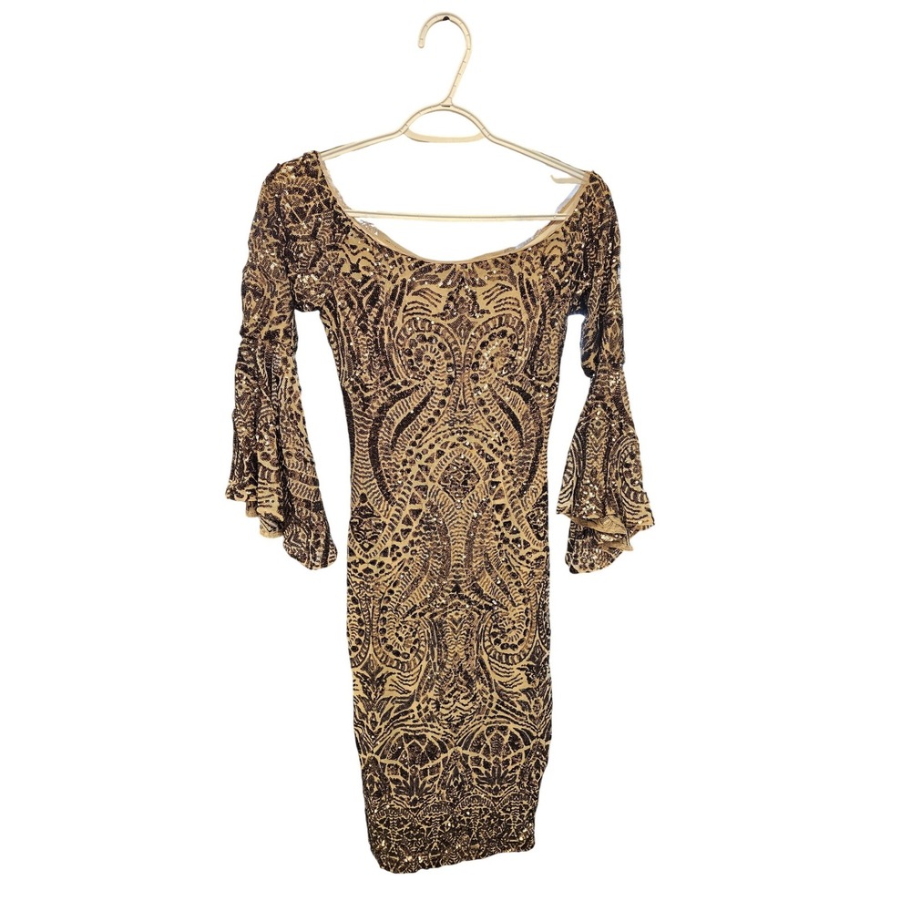 Betsy & Adam Gold Sequin Bell Sleeve Bodycon Cocktail Dress Size 4